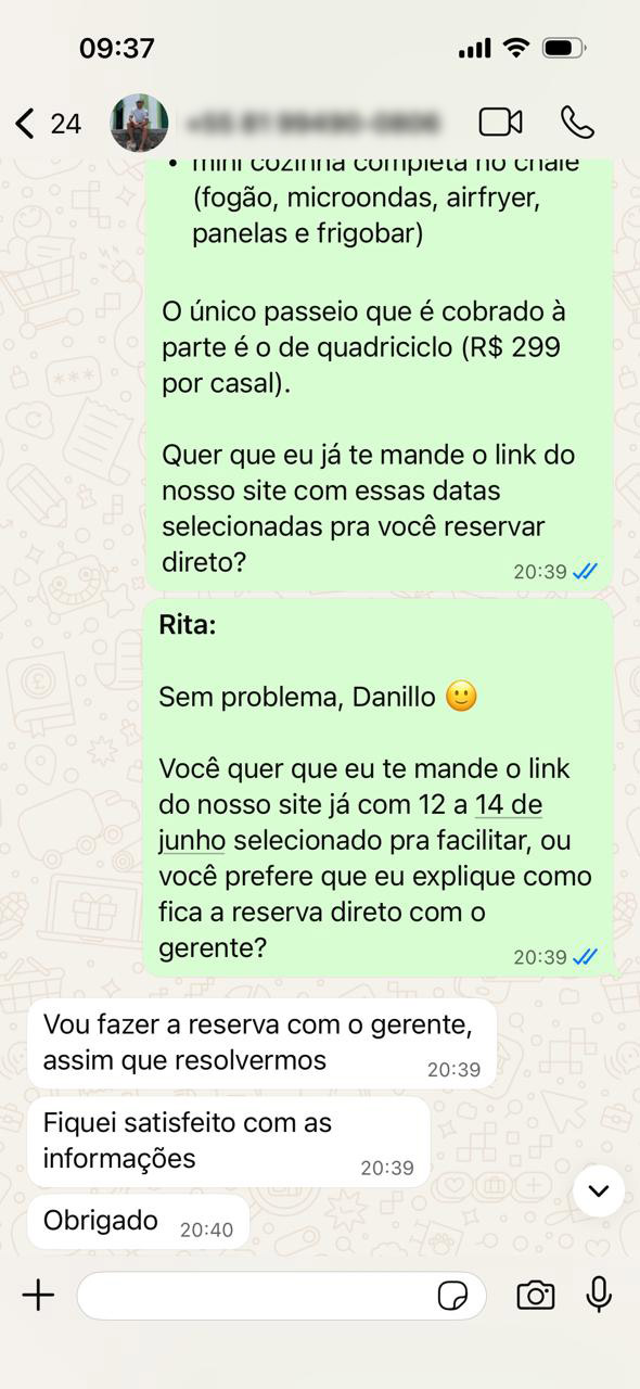 Rita atendendo hóspede no WhatsApp — informações da pousada