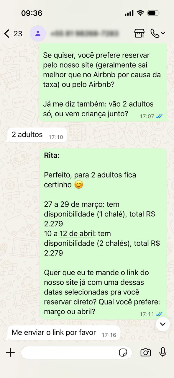 Rita atendendo hóspede no WhatsApp — direcionando para reserva
