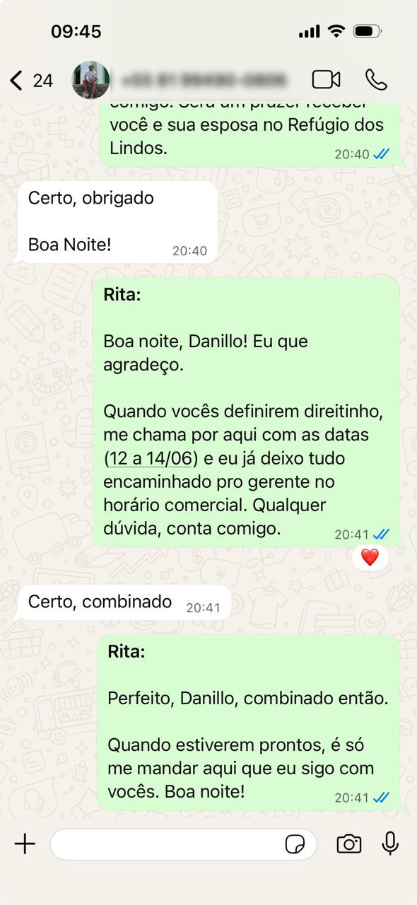 Rita atendendo hóspede no WhatsApp — detalhes da hospedagem