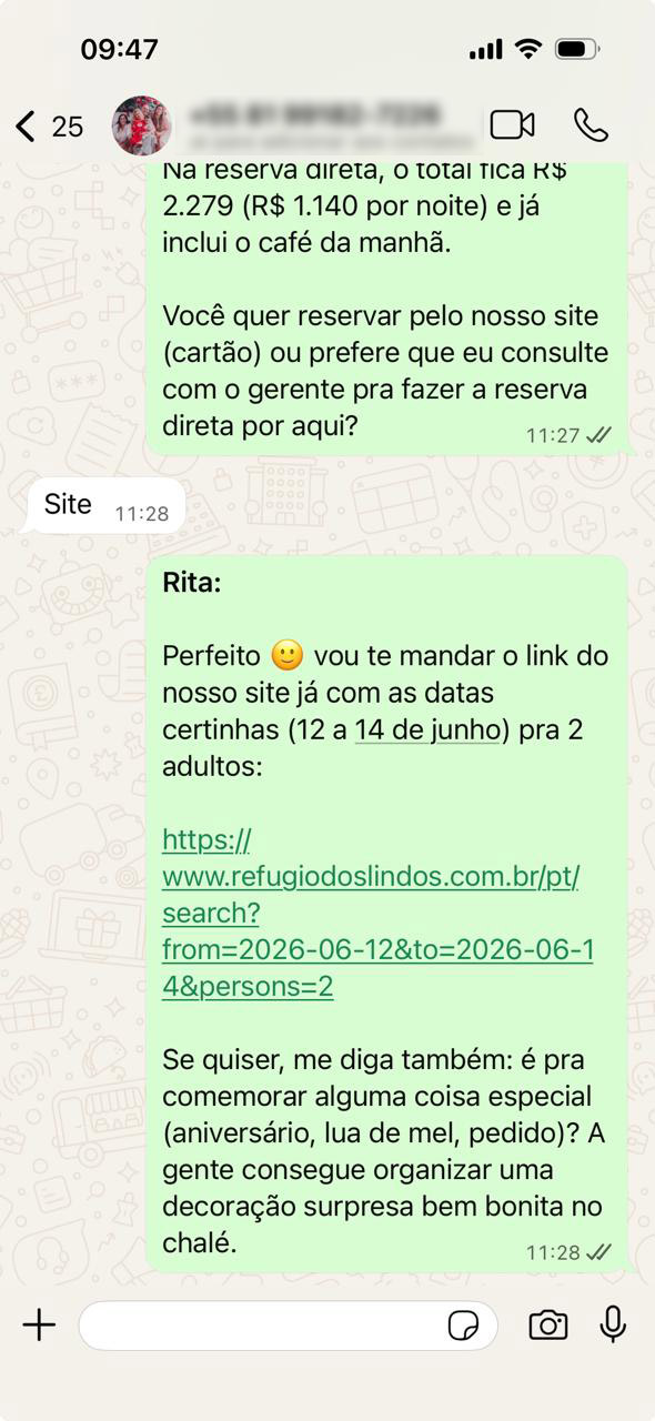 Rita atendendo hóspede no WhatsApp — preços e disponibilidade