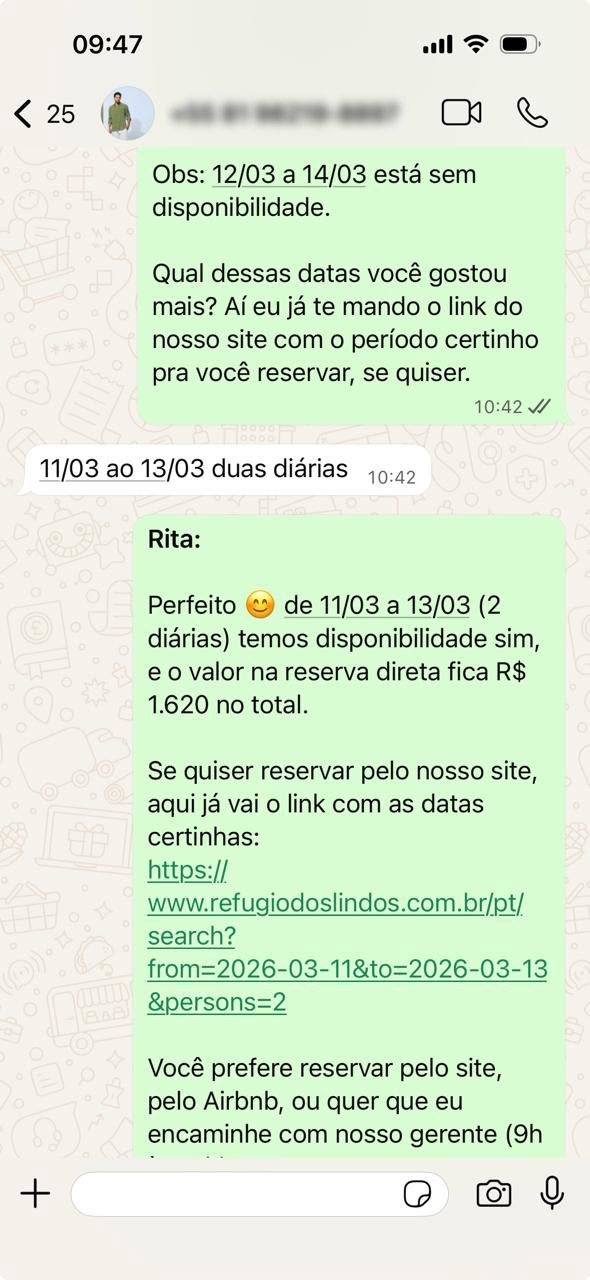 Rita atendendo hóspede no WhatsApp — atendimento personalizado