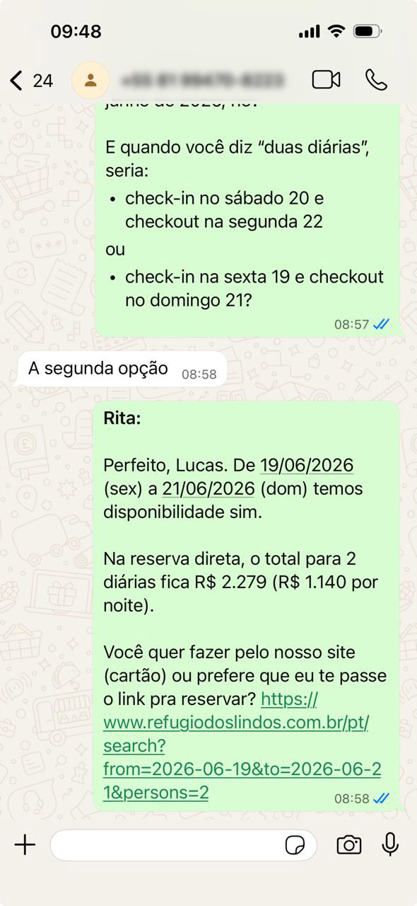 Rita atendendo hóspede no WhatsApp — confirmação de reserva