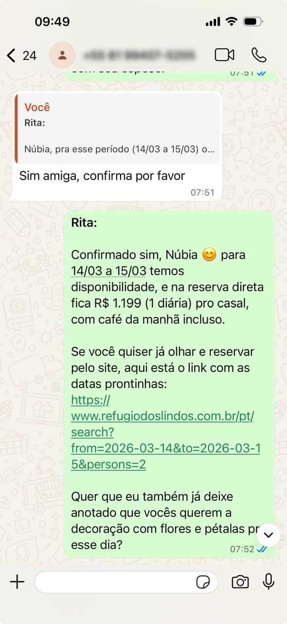 Rita atendendo hóspede no WhatsApp — suporte ao hóspede